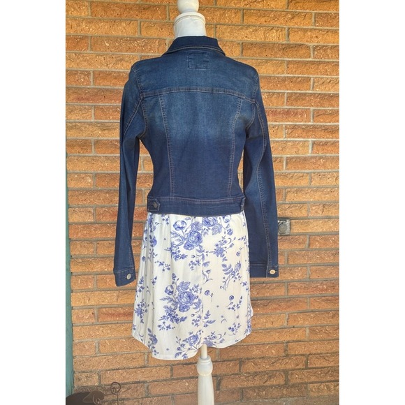 Floral Toile Stretchy Boho Swing Dress W Medium Blue White NWT Sleeveless A-Line - Picture 10 of 11